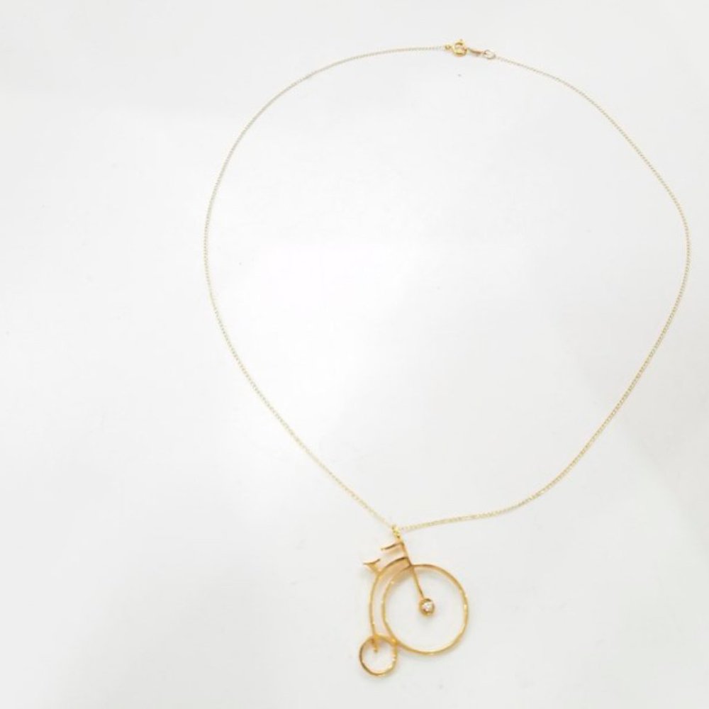 1mm Diamond 14K Yellow Gold High Wheel Bicycle 16 inch Necklace 2.4g - Picture 5 of 10